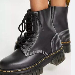 Dr. Martens Black Lace-Up Platform Combat Boots with Yellow Stitching
